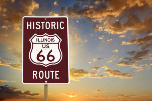 Historique, route 66, panneau, coucher de soleil, Illinois