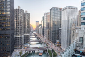 Chicago, skyline, épis de maïs, Marina, Rivière, gratte-ciel